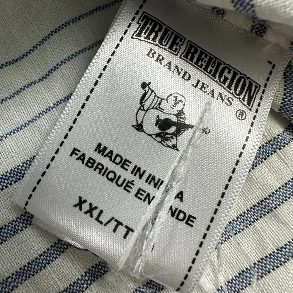 True Religion Men's Linen‎ Cotton Shirt XXL White Blue Striped 2XL Long Sleeve